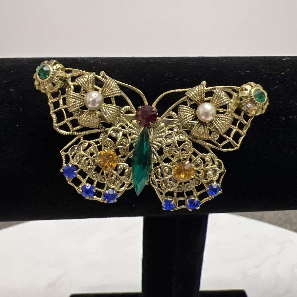 Vtg Butterfly Brooch Gold Tone Rhinestone Pearl Filigree Pin Mid Century Revival